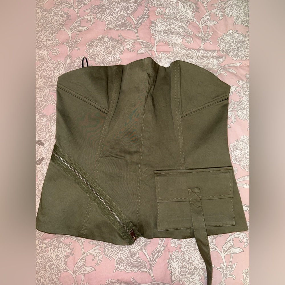 ZARA Olive Green Strapless Corset Top with Utility Pocket